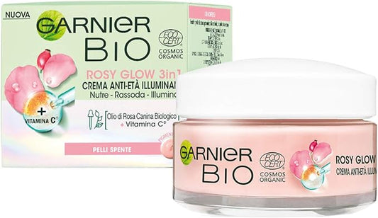 GARNIER Bio Rosy Glow, Crema Rosa Idratante 3-in-1, Azione Nutriente, Rassodante e Illuminante, Arricchita con Olio di Rosa Canina Bio e Vitamina C, Formula Vegana, 50 mL