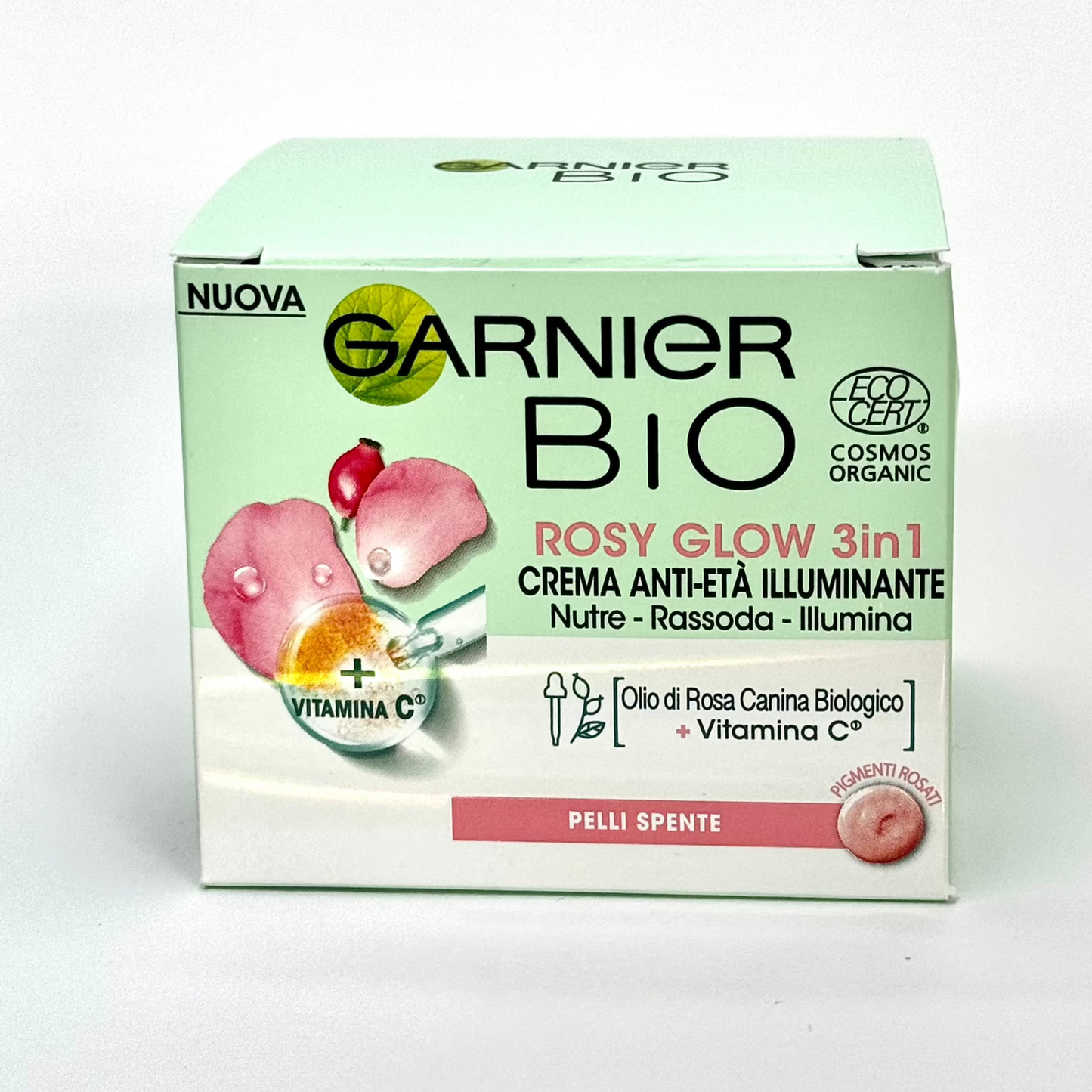 GARNIER Bio Rosy Glow, Crema Rosa Idratante 3-in-1, Azione Nutriente, Rassodante e Illuminante, Arricchita con Olio di Rosa Canina Bio e Vitamina C, Formula Vegana, 50 mL
